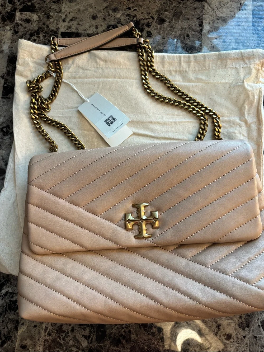 Tory Burch Quilted Blush Leather Shoulder Bag with Gold Chain